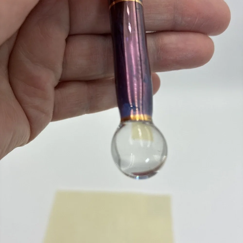 Vintage Purple Iridescent Hand Blown Glass Teardrop Ornament Gold Floral 8.5
